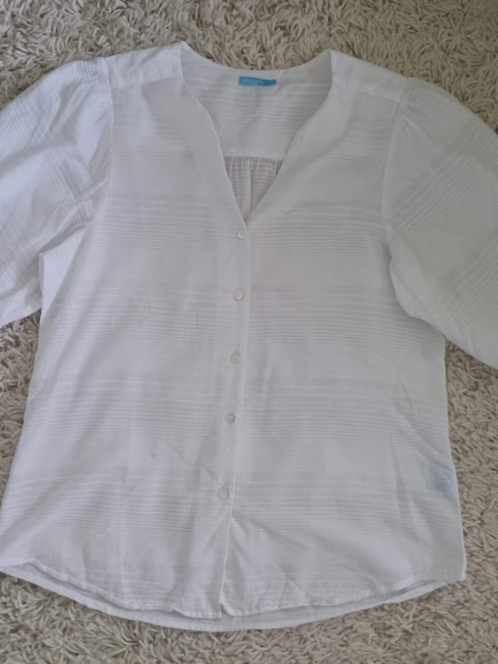 J McLaughlin White Cotton Blouse S Textured Stripe Button Front 3/4 Sleeve